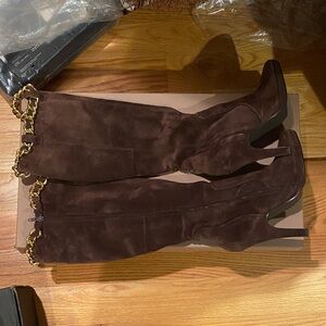 Hot in Hollywood Brown Suede Knee-High Heeled Boots lowest price no offers